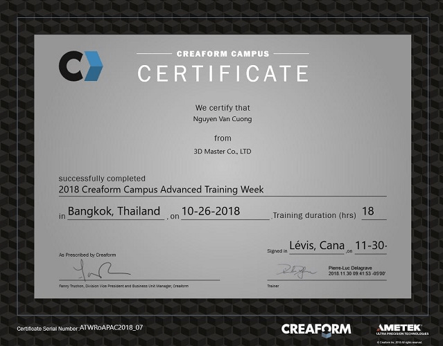 Certificate of Advanced 3D Training